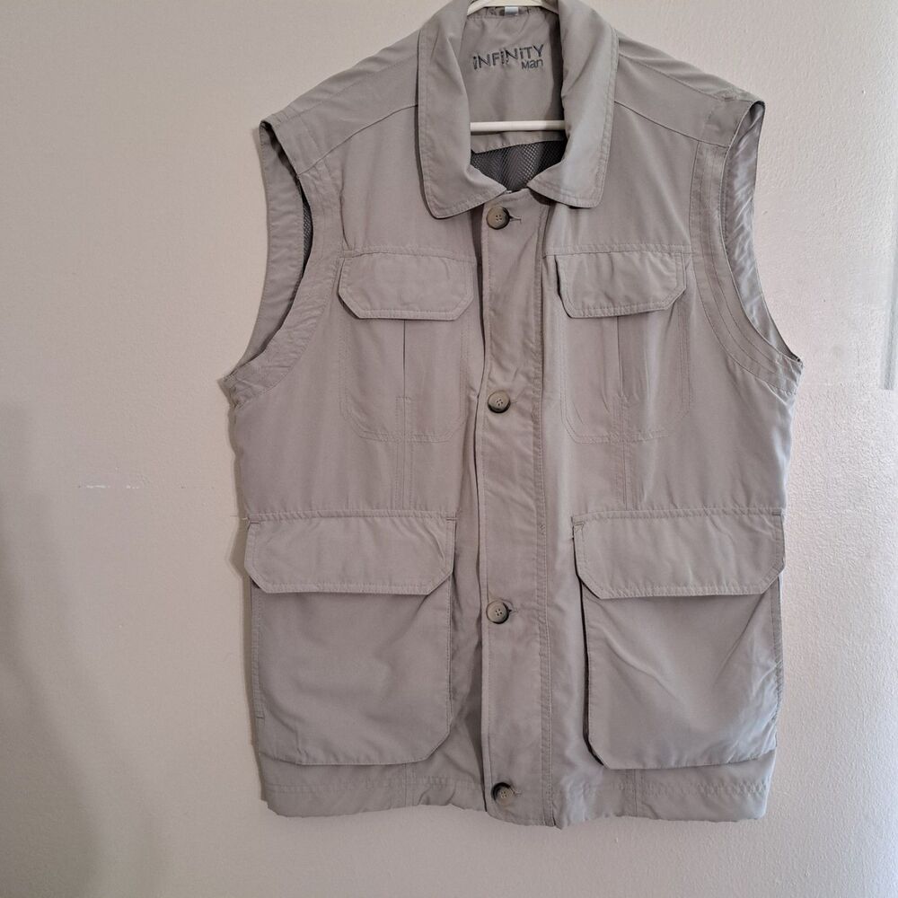 infinity Men's Beige Fishing Vest XL Zip Closure Cotton Nylon Mesh Pockets